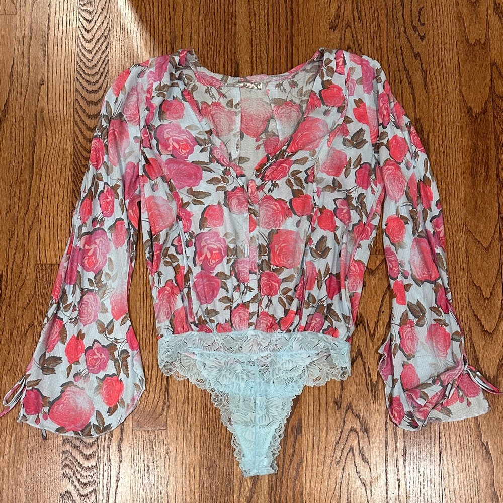 Free People Floral Bodysuit - Pink and Blue
